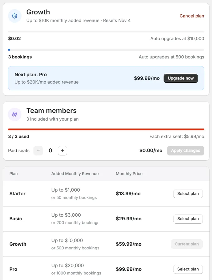 The Pricing plans page with the current plan card, the Team members card and the start of the plan table