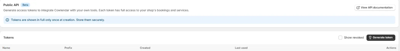 The Public API page with the Beta badge, the blue note and the Tokens card, token prefixes cropped