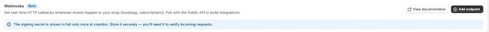 The top of the Webhooks page with the Beta badge, the blue note and the Add endpoint button