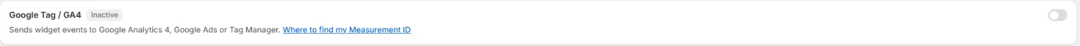 The Tracking pixels page showing the Google Tag / GA4 card with its Inactive badge and switch OFF