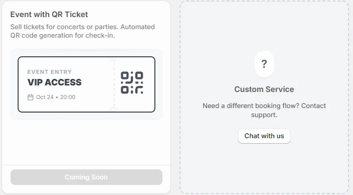 The service type list on the create service page, showing Event with QR Ticket marked Coming Soon