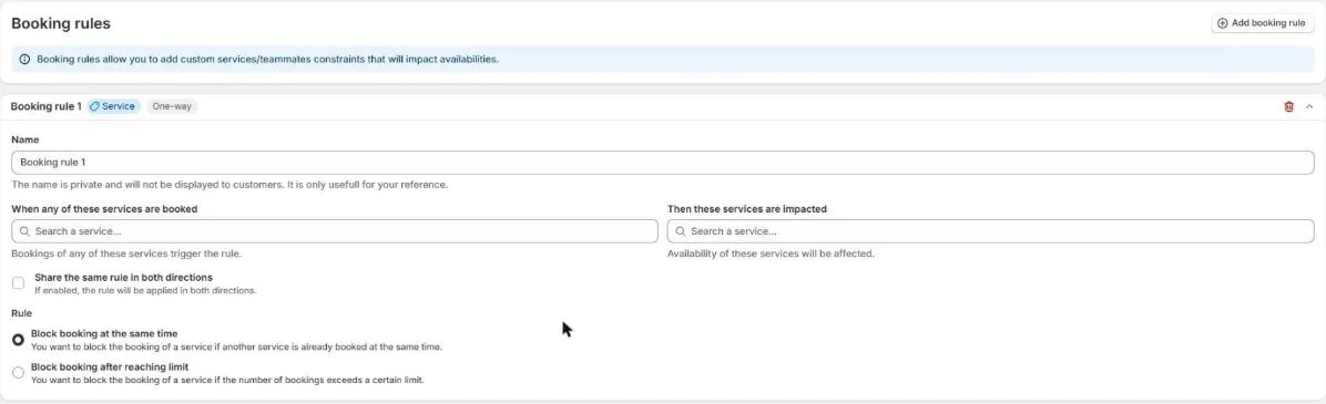 The Service rule form with name, two service searches, the both directions checkbox and the Rule section
