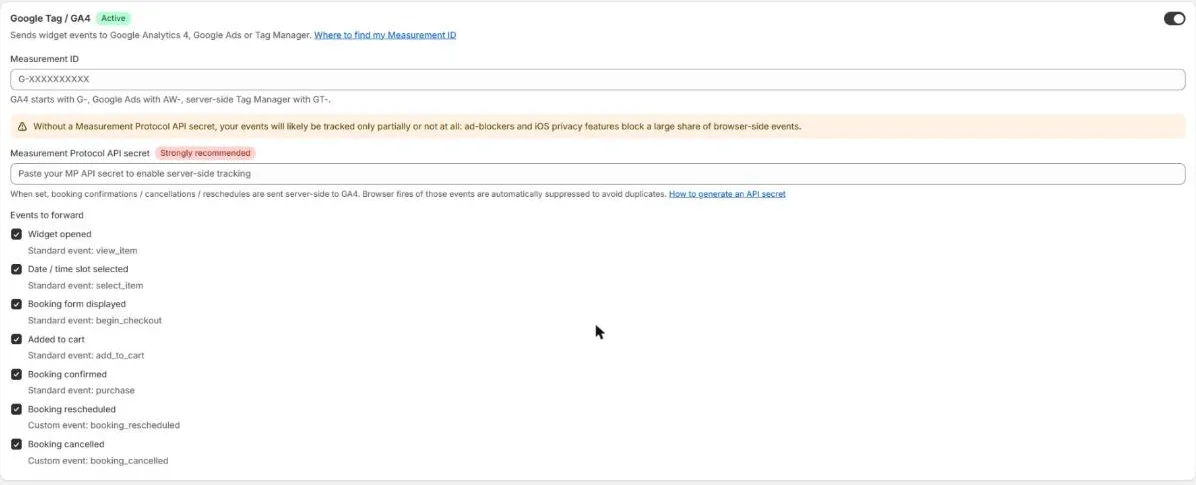 The Google Tag / GA4 card turned on, with the Measurement ID field, the Measurement Protocol API secret field and the seven events to forward