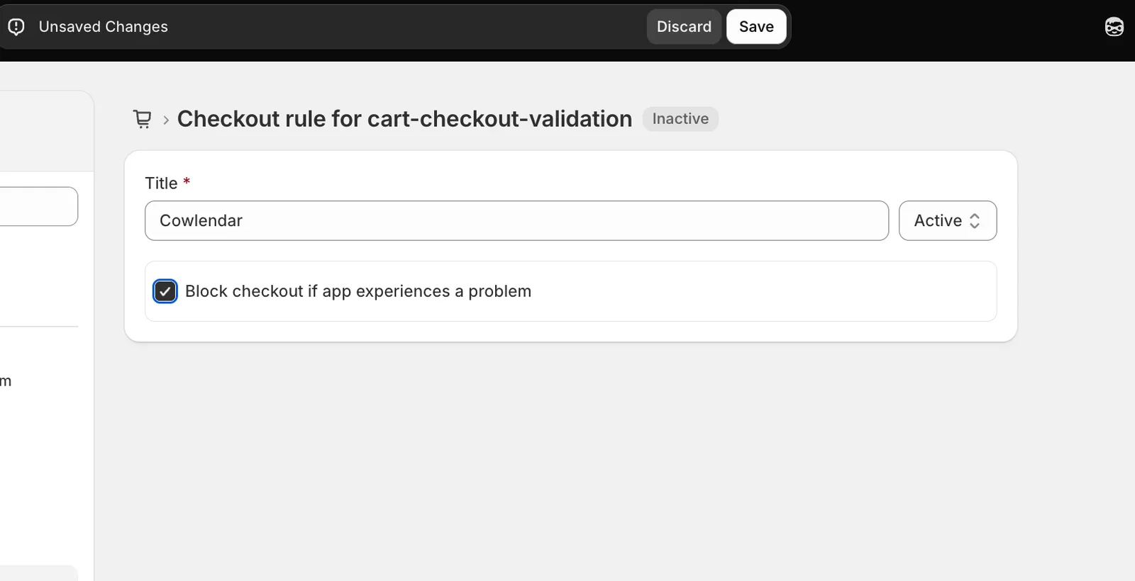 Cowlendar cart checkout validation rule enabled in Shopify