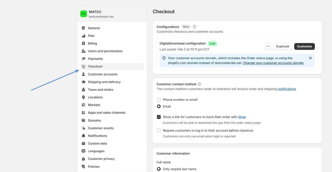 Shopify Checkout settings