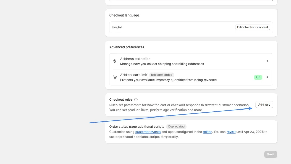 Shopify Checkout rules section